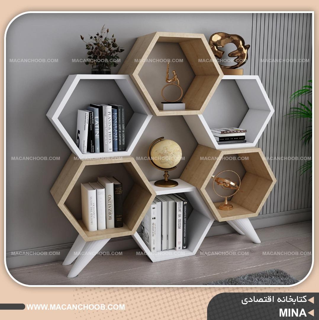 کتابخانه و قفسه کتاب شش ضلعی لانه زنبوری پایه خراطی شده مدل MINA